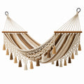 Amaca in cotone a righe crema e marrone con frange in legno, 200x150 cm