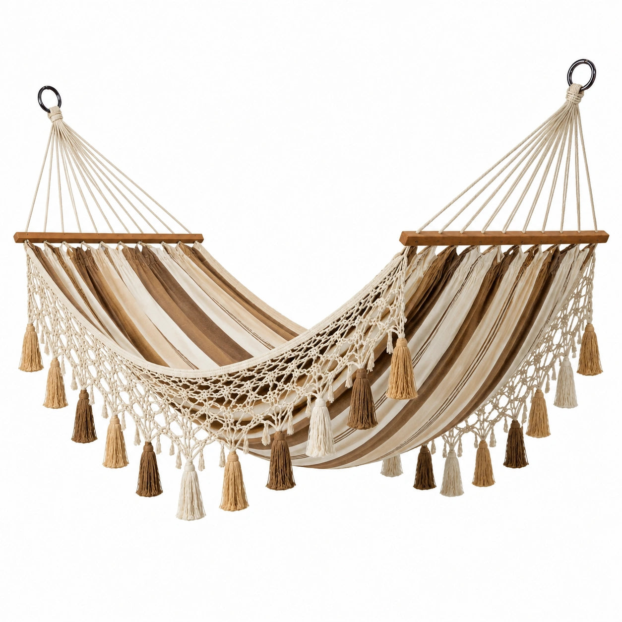 Amaca in cotone a righe crema e marrone con frange in legno, 200x150 cm