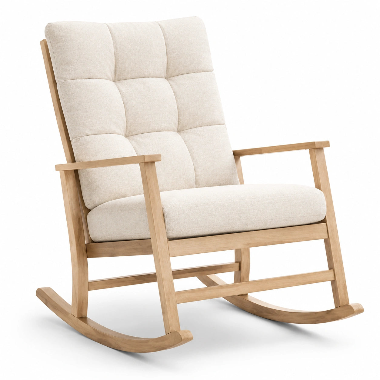 Sedia a dondolo in legno con tessuto beige