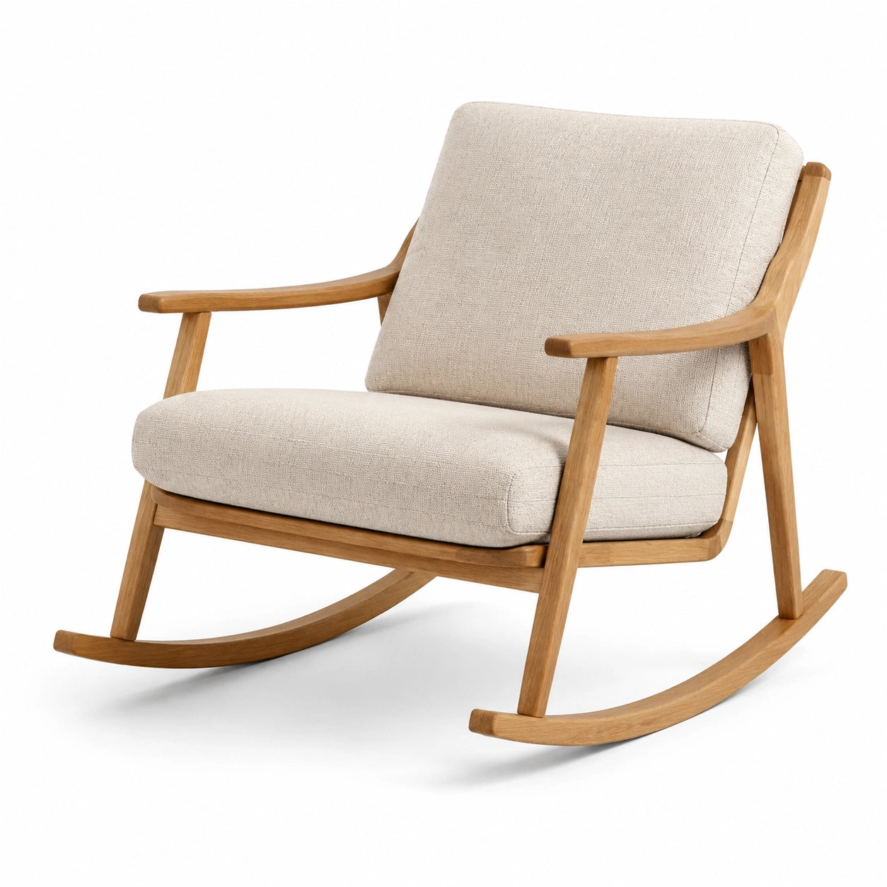 Sedia a dondolo in legno con cuscino in tessuto beige