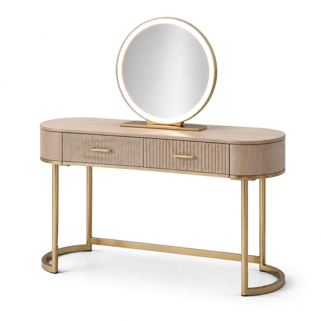 Toeletta con Specchio Rotondo LED, Legno e Metallo, Colore Legno Chiaro