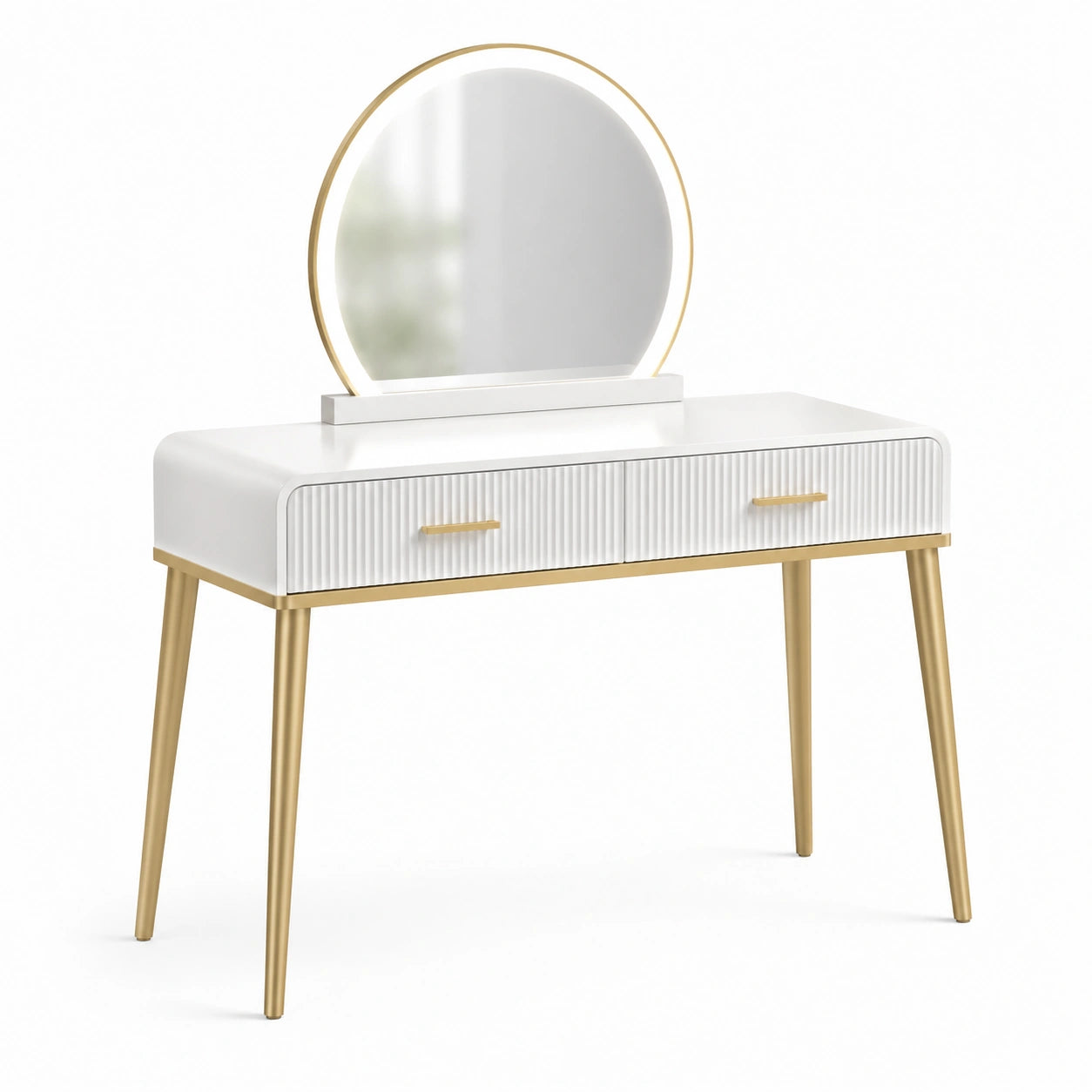 Toeletta con Specchio Rotondo LED in Legno e Metallo Bianco e Oro