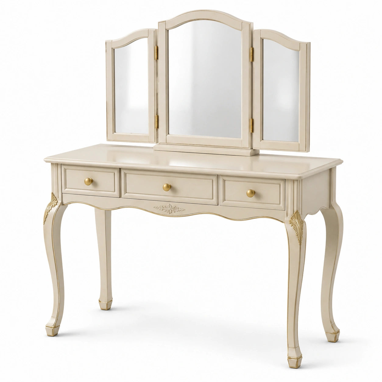 Tavolo da Toeletta in Legno con Tre Specchi e Cassetti Beige