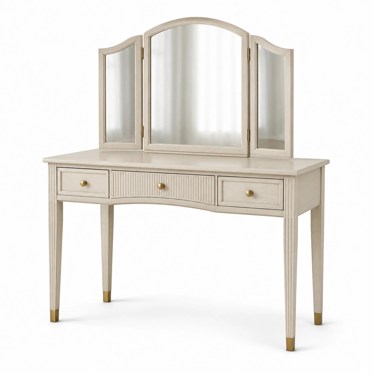 Tavolo da Toeletta con Specchio Trifacciale in Legno Massello Beige