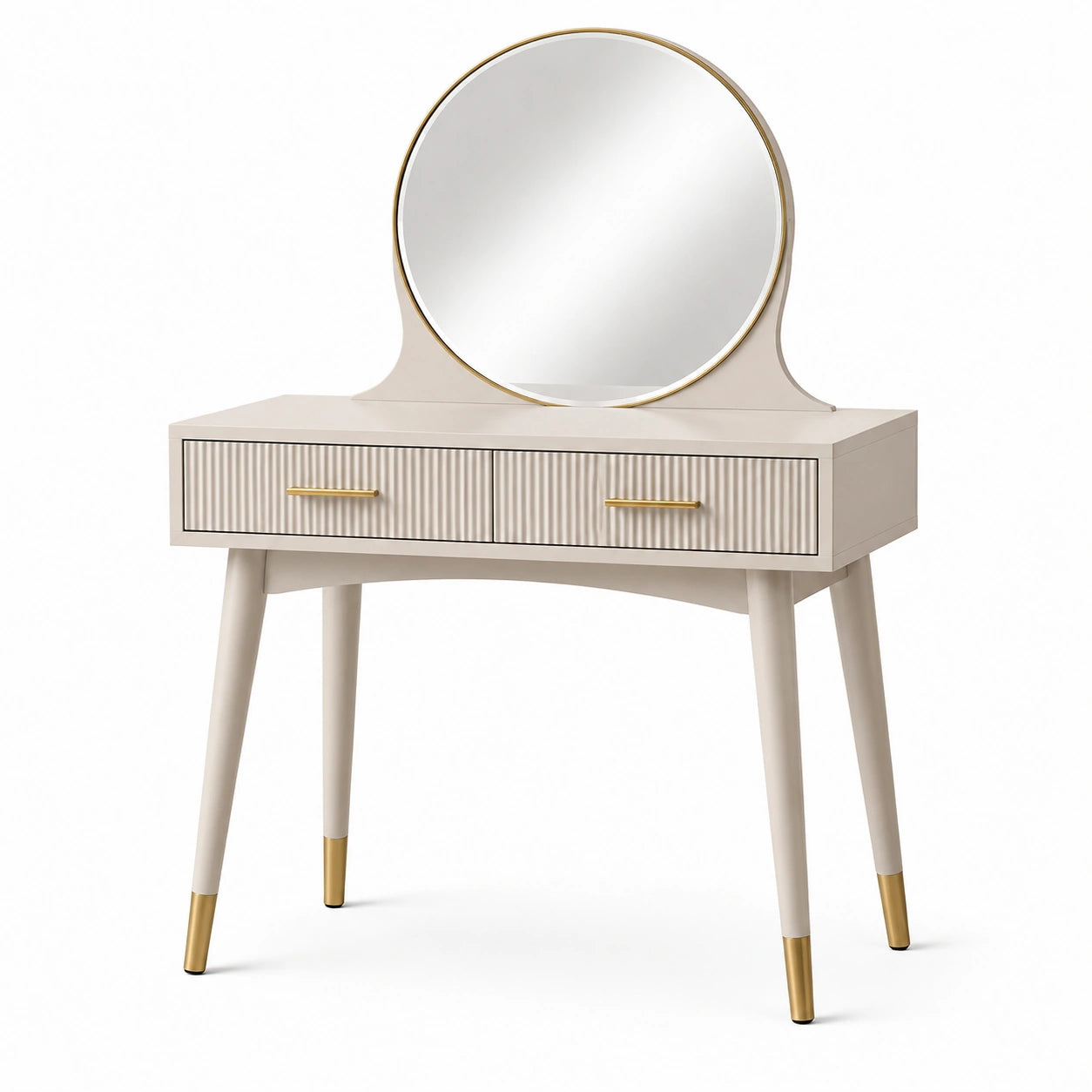 Tavolino da Toeletta con Specchio Rotondo e Cassetti in Legno MDF Beige
