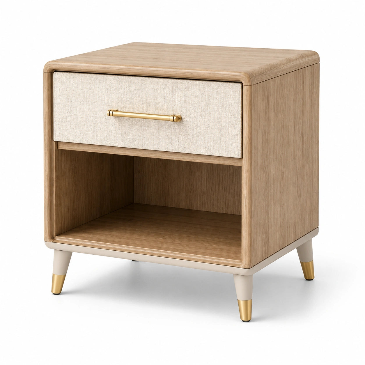 Comodino in legno e tessuto con un cassetto