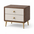 Comodino in legno con cassetti in tessuto beige e gambe in metallo dorato