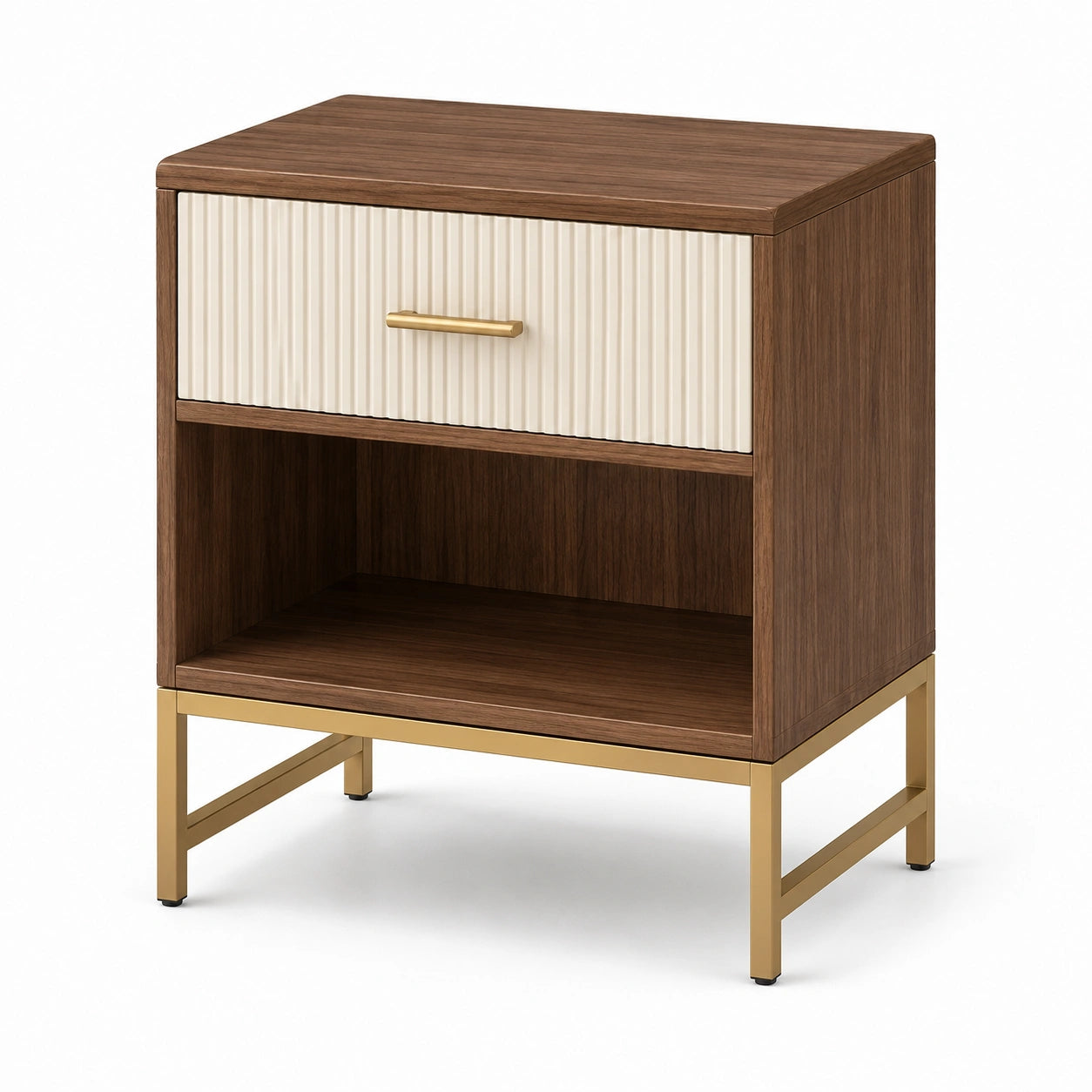 Comodino in legno MDF con cassetto e ripiano aperto, marrone e beige
