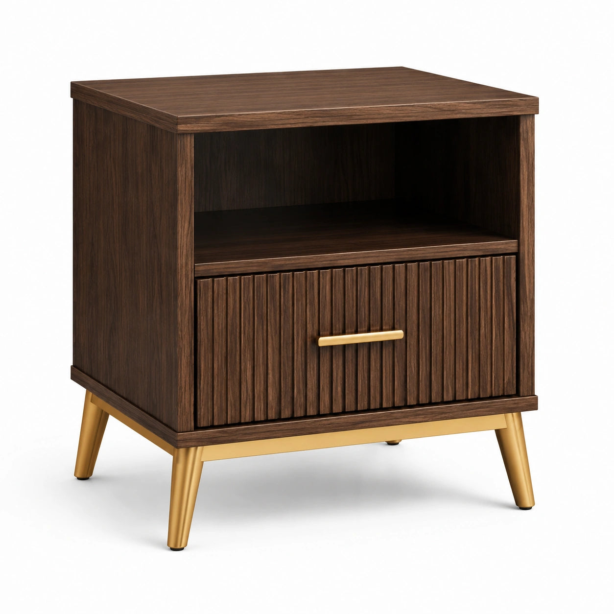 Comodino in legno con cassetto e gambe in metallo