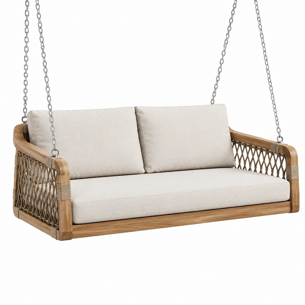 Dondolo sospeso in legno con cuscini beige