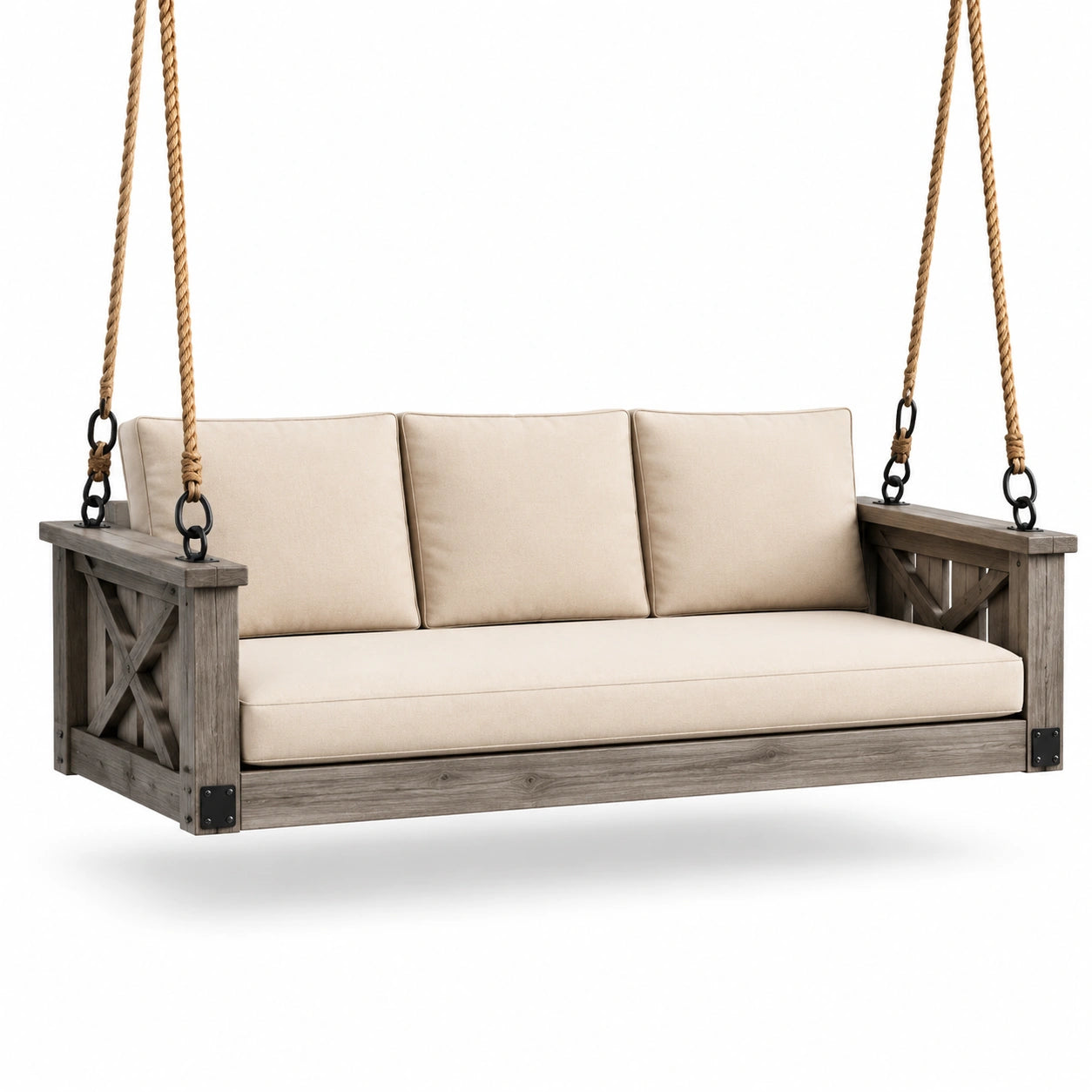 Dondolo in legno e corde con cuscini beige, 200x90x60 cm