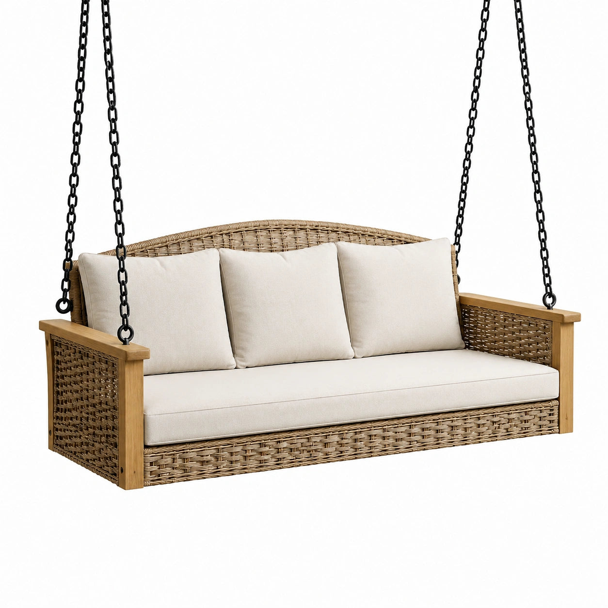 Dondolo da veranda in legno e rattan con cuscini beige