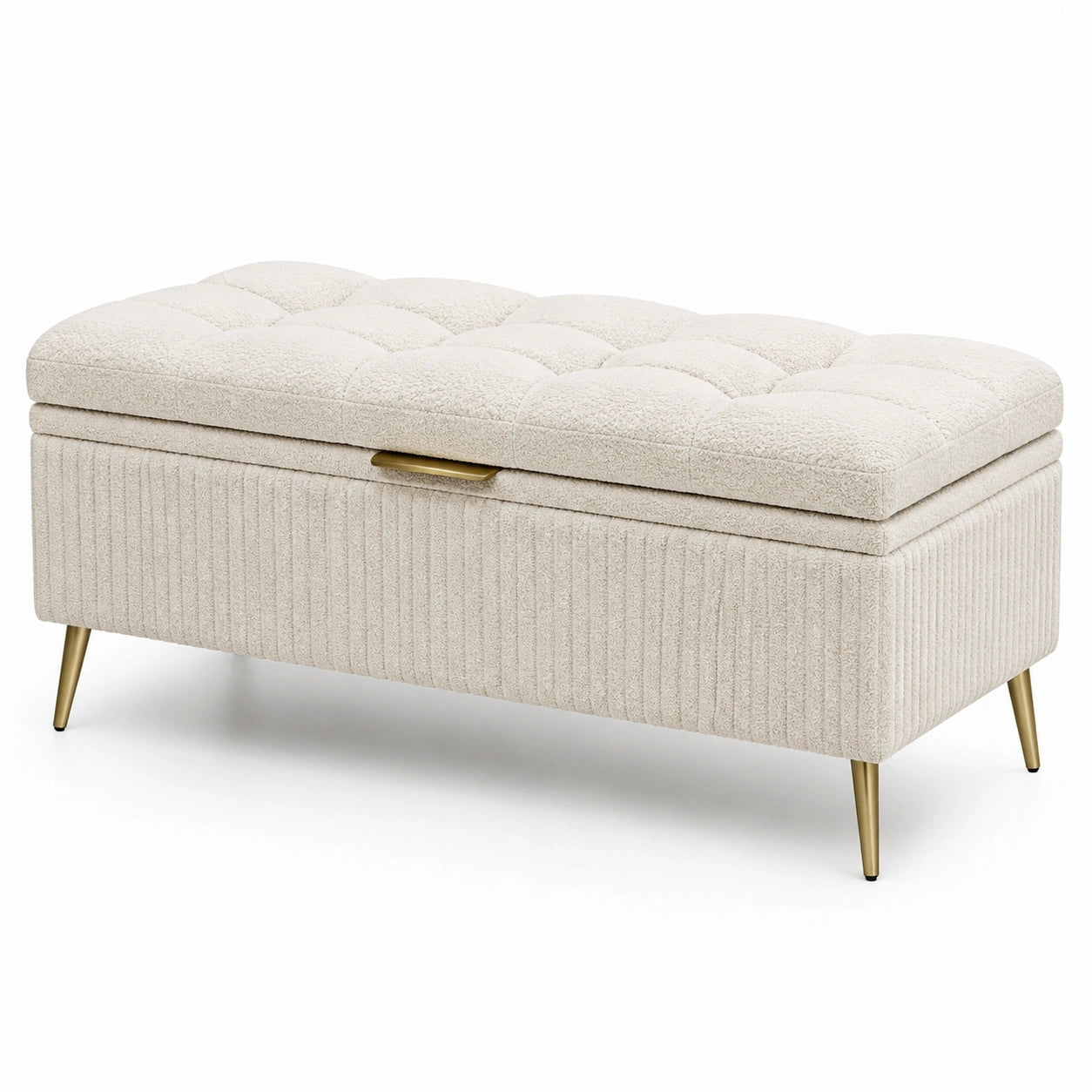 Cassapanca beige in tessuto bouclé con gambe in metallo dorato