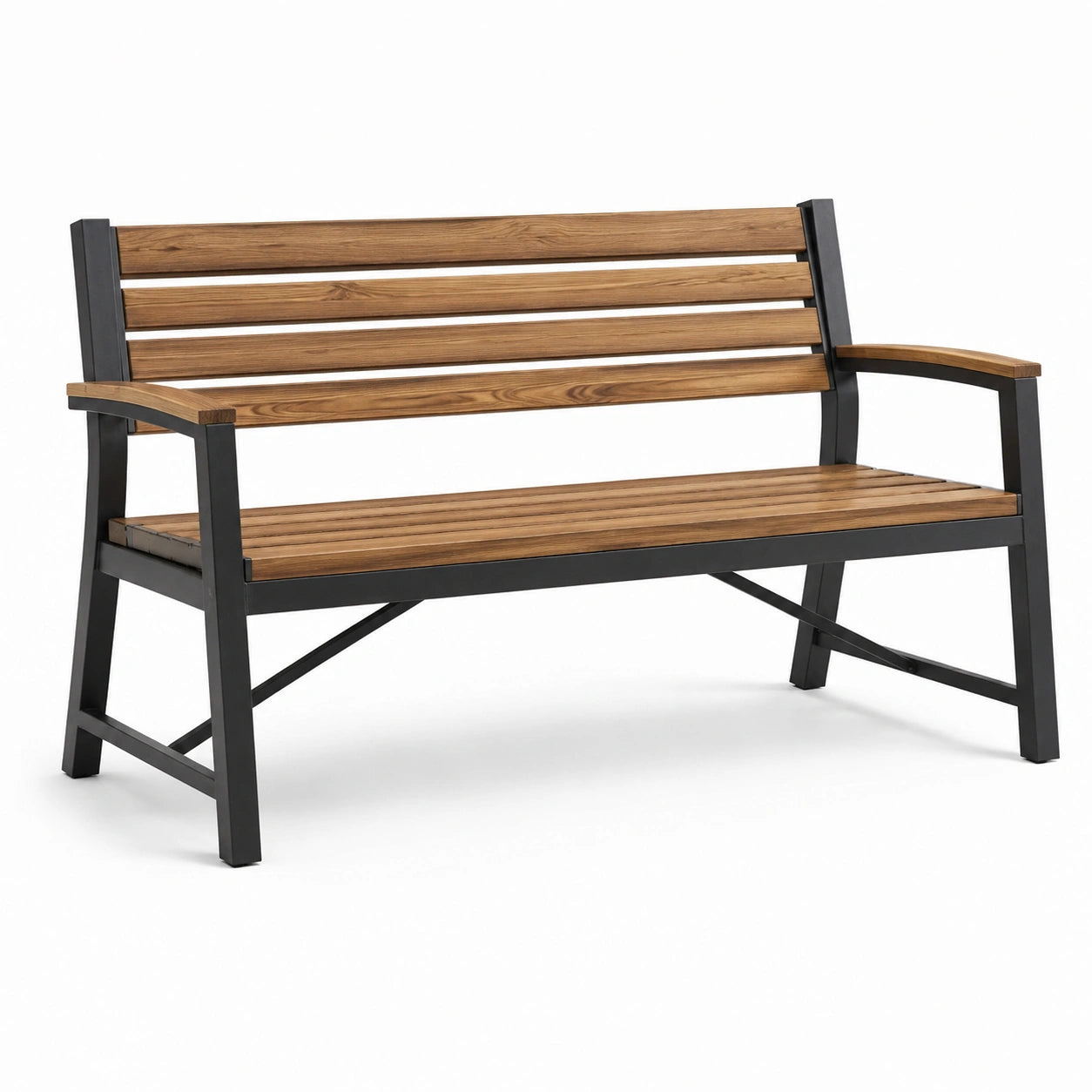 Panchina da giardino in legno e metallo nero, 120 cm