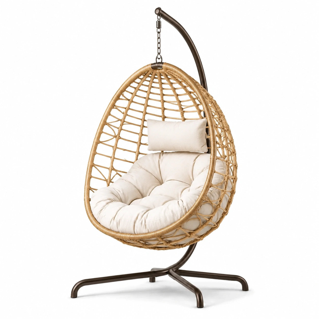 Poltrona sospesa in rattan con cuscino e struttura in metallo