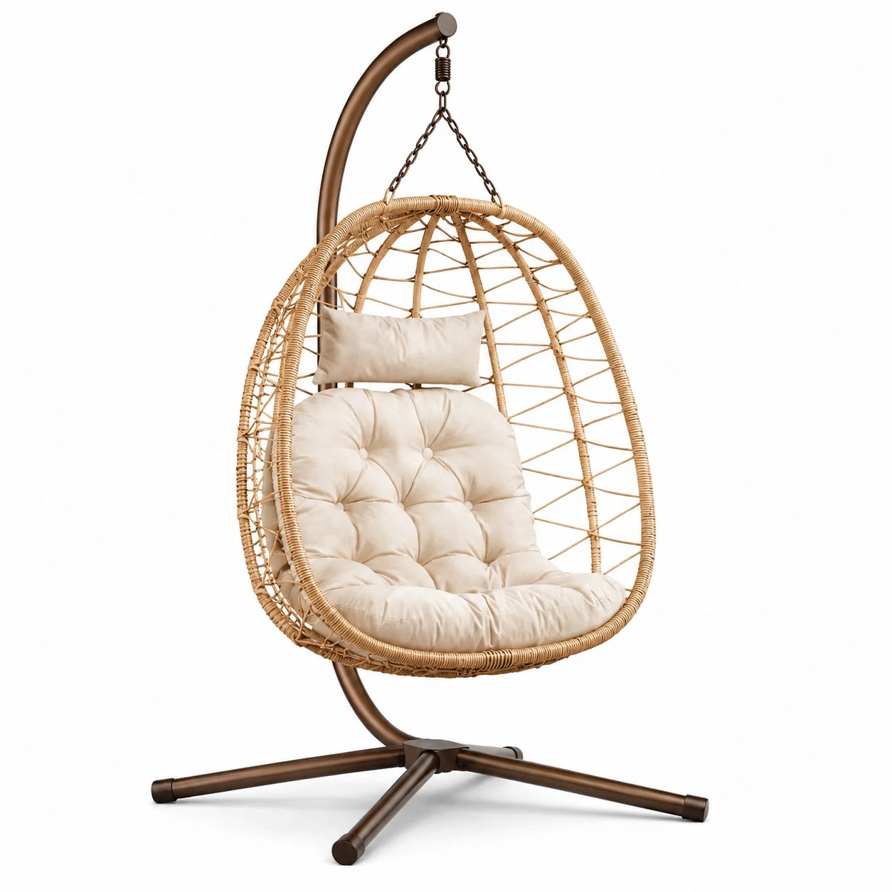 Sedia sospesa in rattan e metallo con cuscino beige
